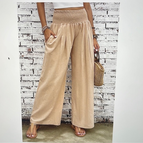 Pants & Jumpsuits Khaki Wide Leg Gauzy Smocked Pants With Pockets Xl